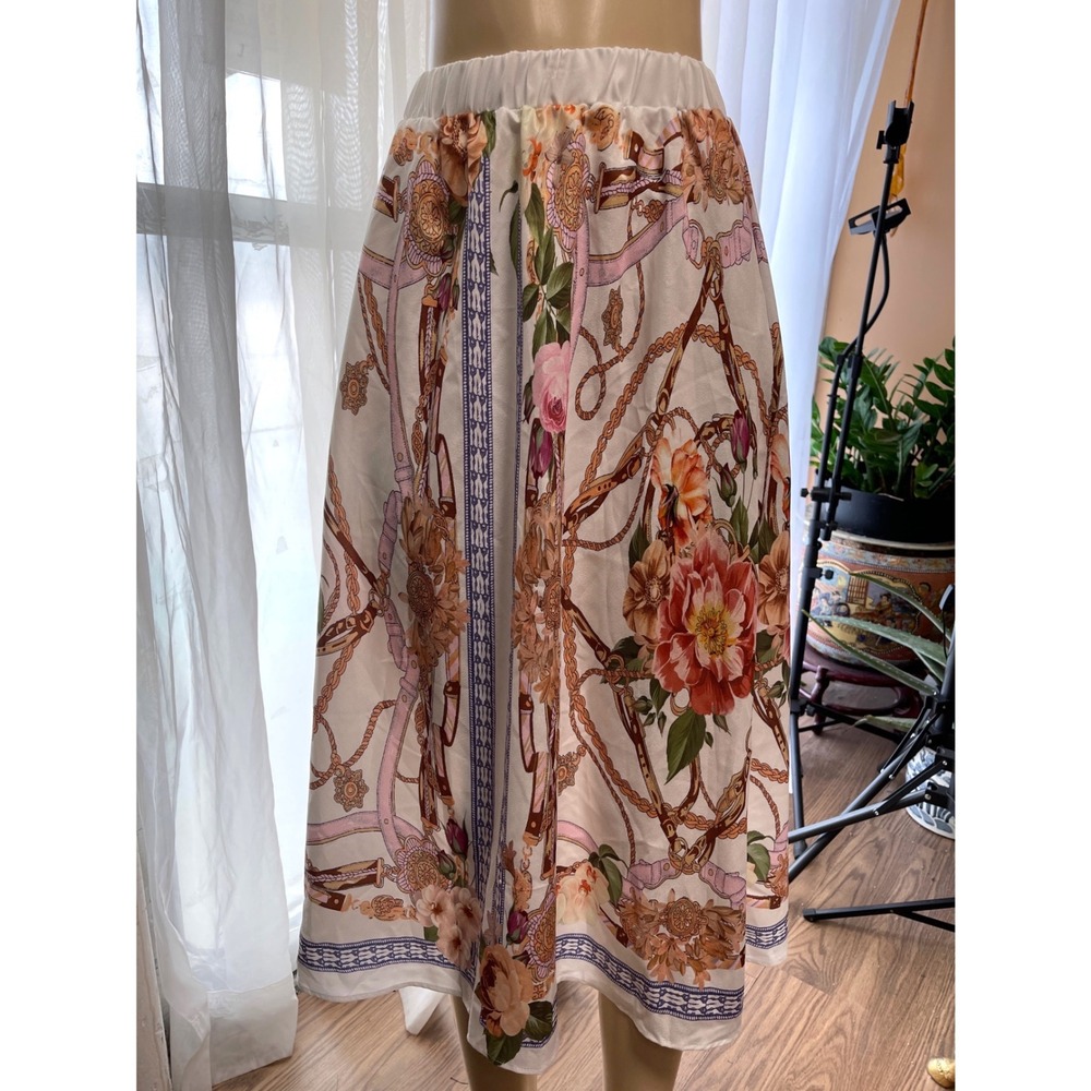 Shein Scarf Print Midi Skirt Floral Chain Belt Elastic Waist White Pink XS 2